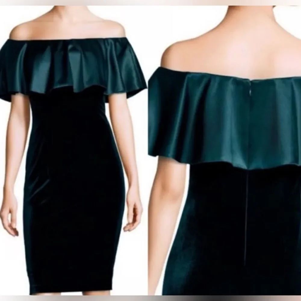 Adrianna Papell Emerald Green Velvet Silk Off Shoulder Midi Dress Cocktail Sz 16